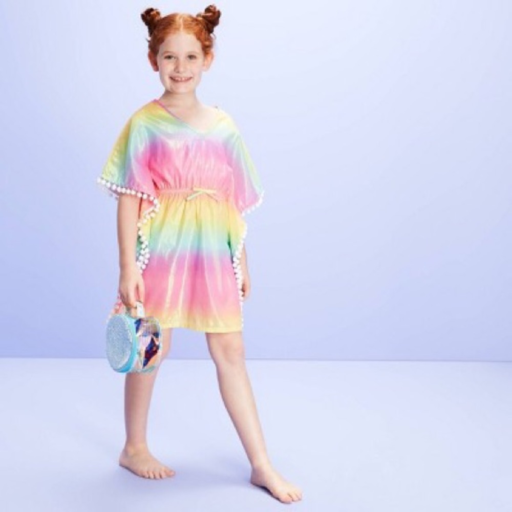 Cat & Jack Swim Cover Up Iridescent Ombre Pastel Rainbow Mermaid Pom